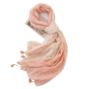 Schal aus Baumwollleinen mit rosa Farbverlauf, Federmuster und Quasten für Damen