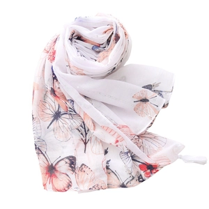 White butterfly print scarf with silver stripes and tassels for summer beach vacation