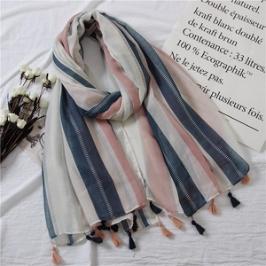 Vertical striped linen scarf with tassels in blue pink and white for beach sun protection