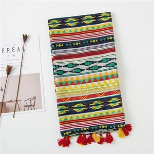 Bohemian Ethnic Geometric Print Scarf Lightweight Tassel Cotton Voile Shawl Sun Protection Beach Wrap For Women