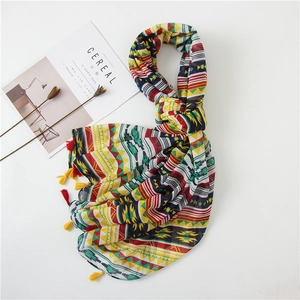 Ethnic geometric print cotton linen scarf with colorful diamond patterns and tassels