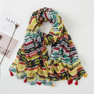 Colorful geometric pattern cotton linen beach shawl with tassels for summer vacation