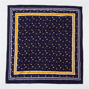 Navy blue star pattern square silk scarf with yellow border for women stylish neck accessory
