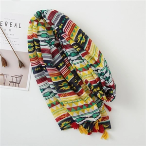 Ethnic geometric printed cotton linen beach shawl with colorful tassels for summer