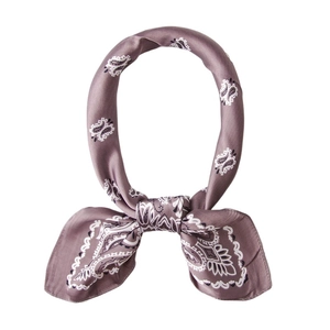 Elegant purple paisley satin silk scarf tied in a stylish ring knot for neck decor