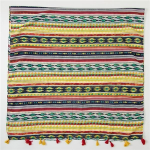 Detail of geometric pattern and two-tone tassel fringe on cotton linen beach shawl