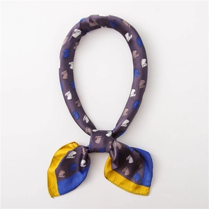Chic satin square scarf with vintage horse print and purple color contrast border