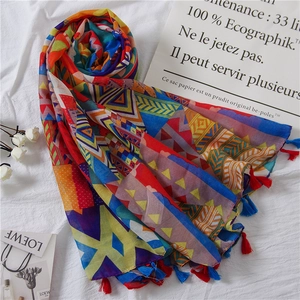 Écharpe Châle Imprimé Géométrique Ethnique Bohème Voile Coloré Coton Lin Gland Bordure Plage Vacances Protection Solaire Femme