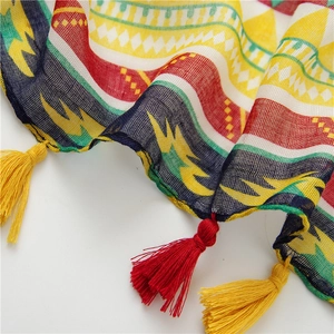 Close-up of geometric pattern cotton linen shawl featuring colorful fringe tassels
