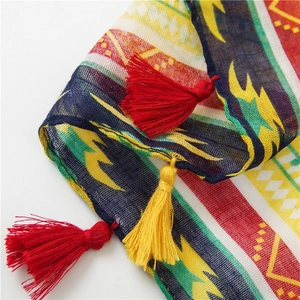 Detail of cotton linen scarf showing geometric patterns and colorful cotton tassels