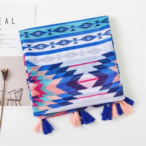Detail view of colorful geometric pattern scarf with stylish fringe and soft fabric