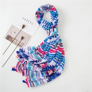 Colorful ethnic cotton linen scarf with geometric stripes and fringe tassels