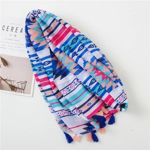 Ethnic cotton linen scarf with geometric prints and colorful tassels for beach sun protection
