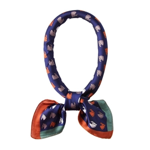 Equestrian horse print satin square neck scarf in navy blue and orange silk feel