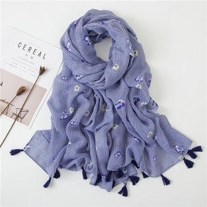 Blue and white striped cotton linen scarf with purple floral print and blue tassels
