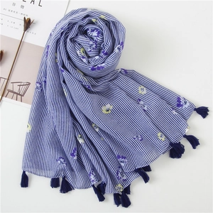 Blue and white striped cotton linen scarf with floral print and dark blue tassels