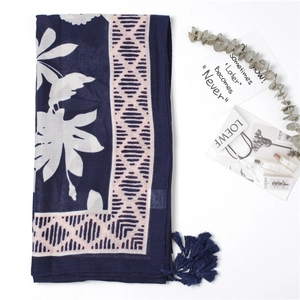 Navy floral cotton linen scarf with tassels and geometric print for beach sunscreen use