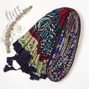 Ethnic bohemian cotton linen scarf with colorful prints and navy blue tassels for beach