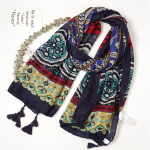 Ethnic bohemian style navy blue scarf with geometric print and fringe tassels