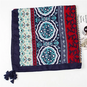 Ethnic bohemian cotton linen scarf with tassel fringe for beach sun protection