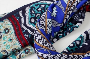 Close-up of bohemian printed cotton scarf showing ethnic patterns and fabric texture