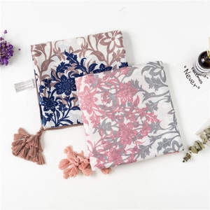 Floral Print Scarf Cotton Linen Shawl With Tassels Bohemian Beach Sunshade Wrap For Women Retro Ethnic Style