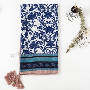 Blue floral printed cotton linen scarf with pink tassels and ethnic border for women