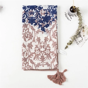 Floral cotton linen beach shawl with tassels and vintage print for summer vacation