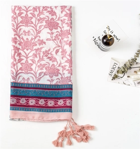 Floral cotton linen scarf for women with elegant tassel charms and ethnic patterns