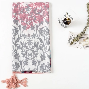 Cotton linen floral beach shawl with pink tassels and vintage flower patterns