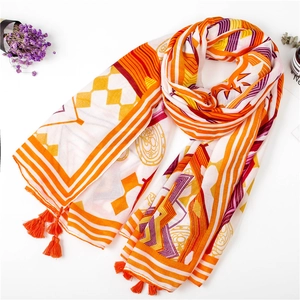 Yellow geometric cotton linen scarf with fringe tassels for summer beach sun protection