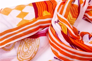 Detailed view of colorful lightweight scarf featuring geometric lines and clock face patterns