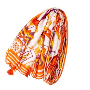 Yellow geometric cotton linen scarf with orange tassels for summer beach sun protection