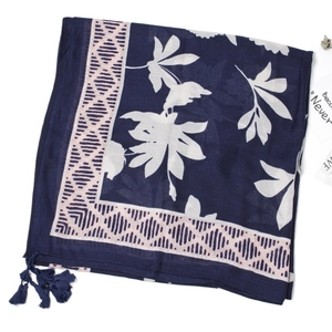 Navy blue cotton linen beach scarf with white leaf prints and pink tassel borders