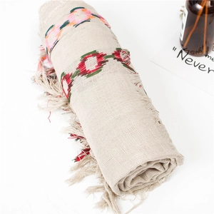 Beige cotton linen scarf with ethnic embroidery and tassel trim for women