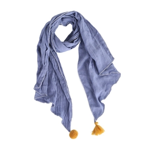Écharpe enfant en coton et lin violette avec pompons et glands jaune vif
