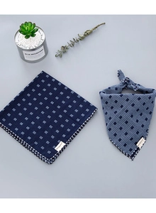Detail of blue cotton scarves featuring grid and polka dot patterns for babies