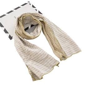 Écharpe rayée réversible en coton beige et taupe pour enfants avec bordure jaune vif