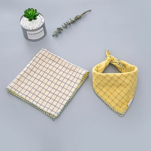 Yellow plaid cotton linen triangle scarf for babies featuring polka dot pattern