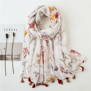 Floral Butterfly Print Scarf Shawl Lightweight Cotton Linen Tassel Scarf With Metallic Thread And Sequins Women Beach Travel