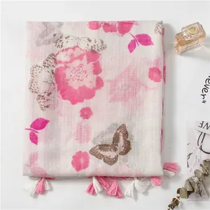 Écharpe Femme Coton Lin Châle Imprimé Papillon Floral Protection Solaire Légère Avec Glands Style Vintage