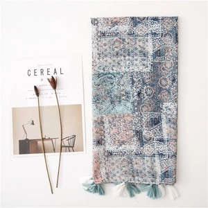 Ethnic paisley print cotton linen scarf with tassel fringe for sun protection