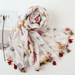 Floral print cotton linen scarf with colorful tassel fringes and retro botanical pattern