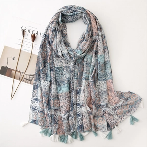 Women Fashion Shawl Scarf Cotton Linen Feel Voile Paisley Ethnic Print Tassel Beach Sun Protection Wrap