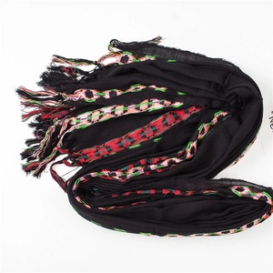 Close-up of black scarf with colorful geometric patterns and fine tassel details