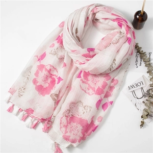 Écharpe élégante en coton et lin avec fleurs roses, papillons et pompons à franges