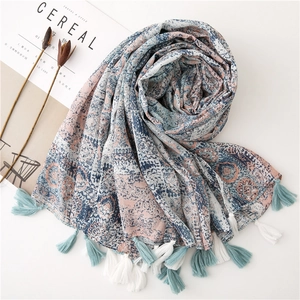 Ethnic print cotton linen scarf shawl with vintage patterns and blue white tassels