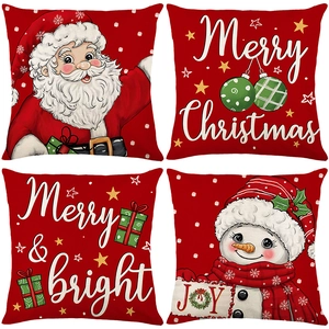 Vierteiliges Set rote Weihnachts-Kissenbezüge mit Weihnachtsmann und Schneemann