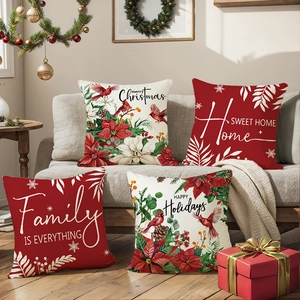Juego de 4 fundas de cojín navideñas con diseños florales y mensajes festivos de fiesta