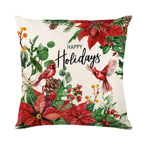 Funda de cojín cuadrada con aves rojas y flores de pascua sobre tela de lino